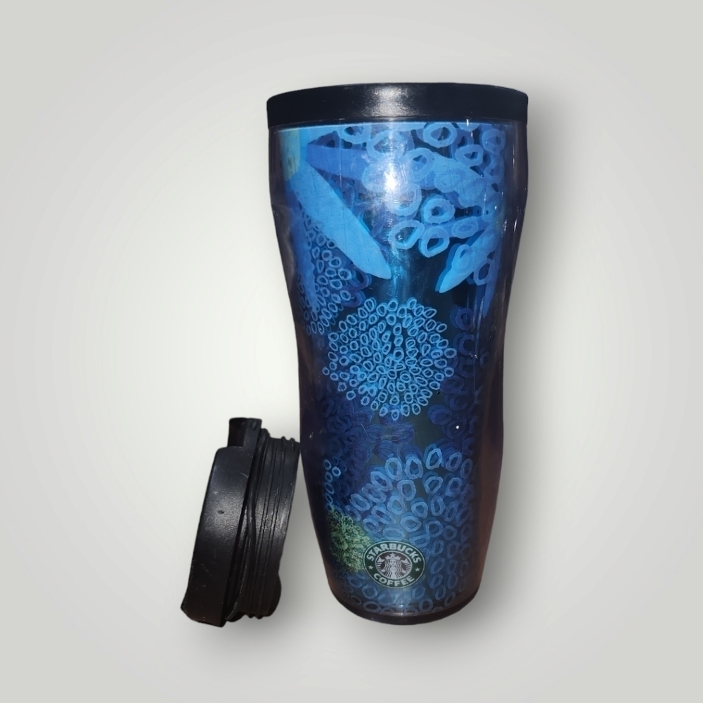 Rare STARBUCKS Blue Foil Floral 12 oz Tumbler Travel Cup Flip Lid 2008